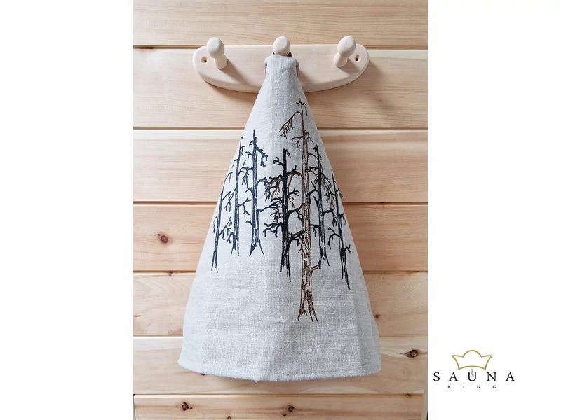 Pikkupuoti Sauna Sitztuch aus 100% Leinen, Beige mit Baum Motiv