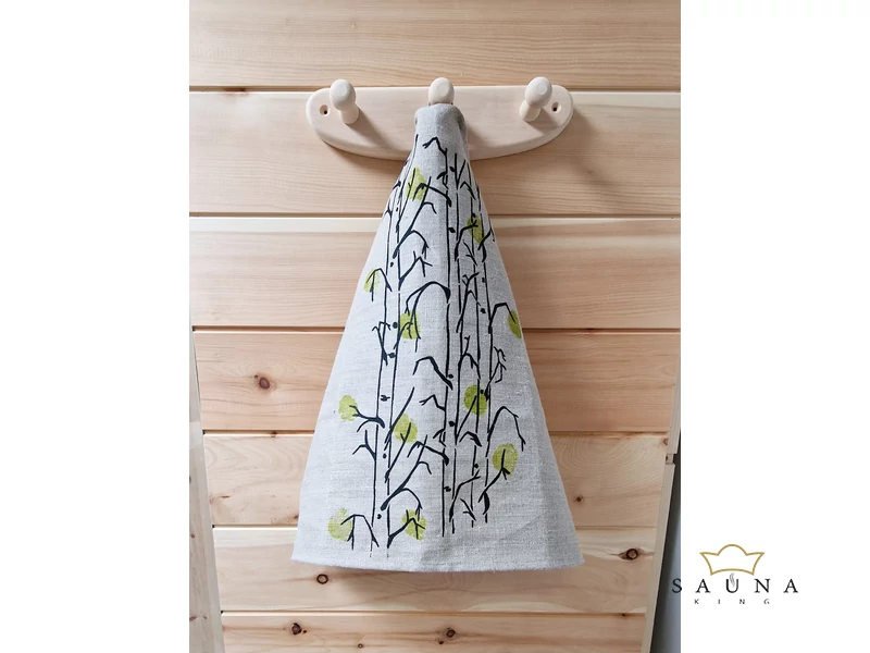Pikkupuoti Sauna Sitztuch aus 100% Leinen, Beige mit Blätter Motiv