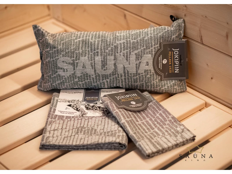 JOKIPIIN Premium Set: Saunakissen, Liegetuch, Sitztuch, Grau, Mit Aufschrift SAUNA