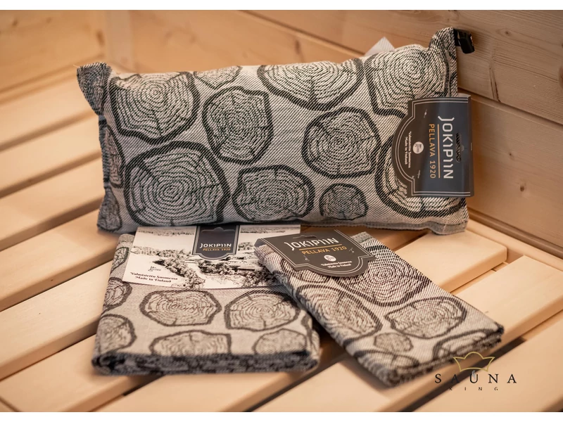 JOKIPIIN Premium Set: Saunakissen, Liegetuch, Sitztuch, Grau, mit Baumstammmuster