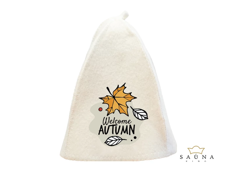 Sauna-Mütze aus Wollemischung, Weiß, mit Herbstmotiv II.