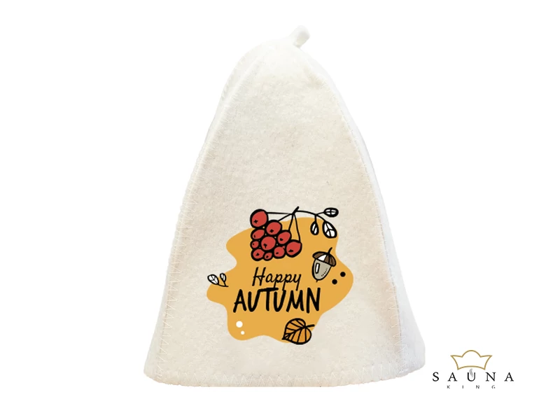 Sauna-Mütze aus Wollemischung, Weiß, mit Herbstmotiv III.