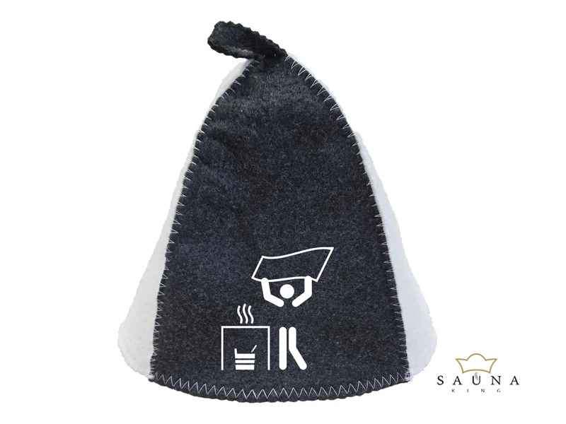 Sauna-Mütze aus Wollmischung, Grau-Weiss, mit Sauna Motiv XI.