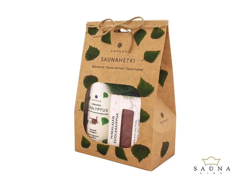 EMENDO Sauna Set: Eukalyptus Saunaduft, Himalya Salz Seife, Massageschwamm fichtelgrün