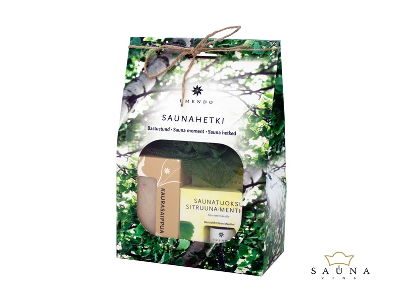 EMENDO Sauna Set: Zitrone-Menthol Saunaduft (10ml), Hafer Sauna Seife, Massageschwamm fichtelgrün