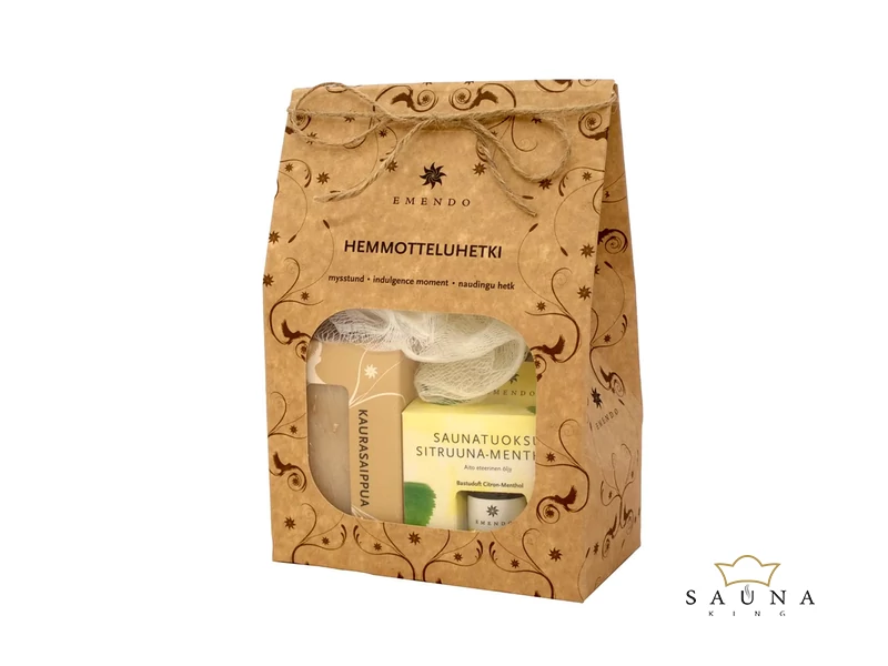 EMENDO Sauna Set: Zitrone-Menthol Saunaduft (10ml), Hafer Sauna Seife, Massageschwamm weiss