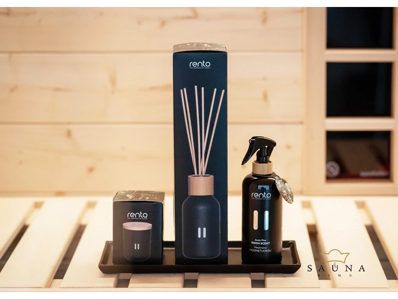RENTO Sauna- und Raumerfrischer-Set auf einem Design-Dekortablett, Duft nach arktischer Kiefer